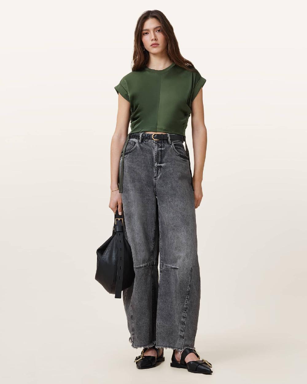 All Saints Mira Cropped Satin Drawcord T-Shirt Rifle Green