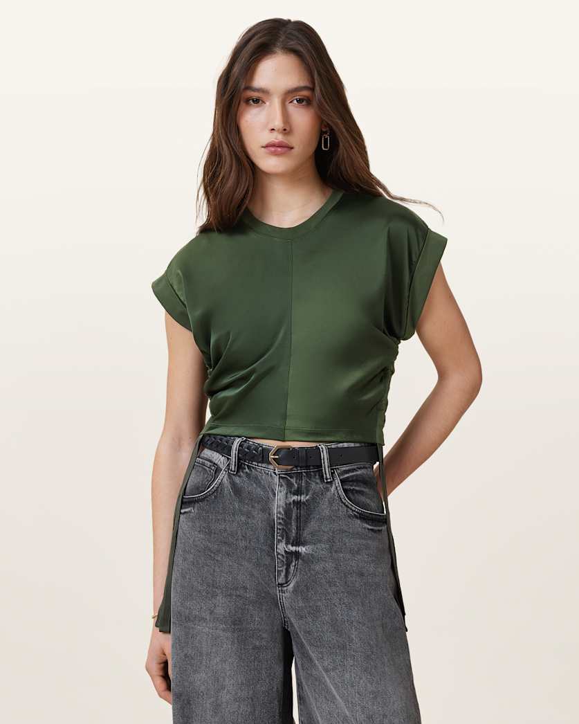 all saints Mira Cropped Satin Drawcord T-Shirt Rifle Green