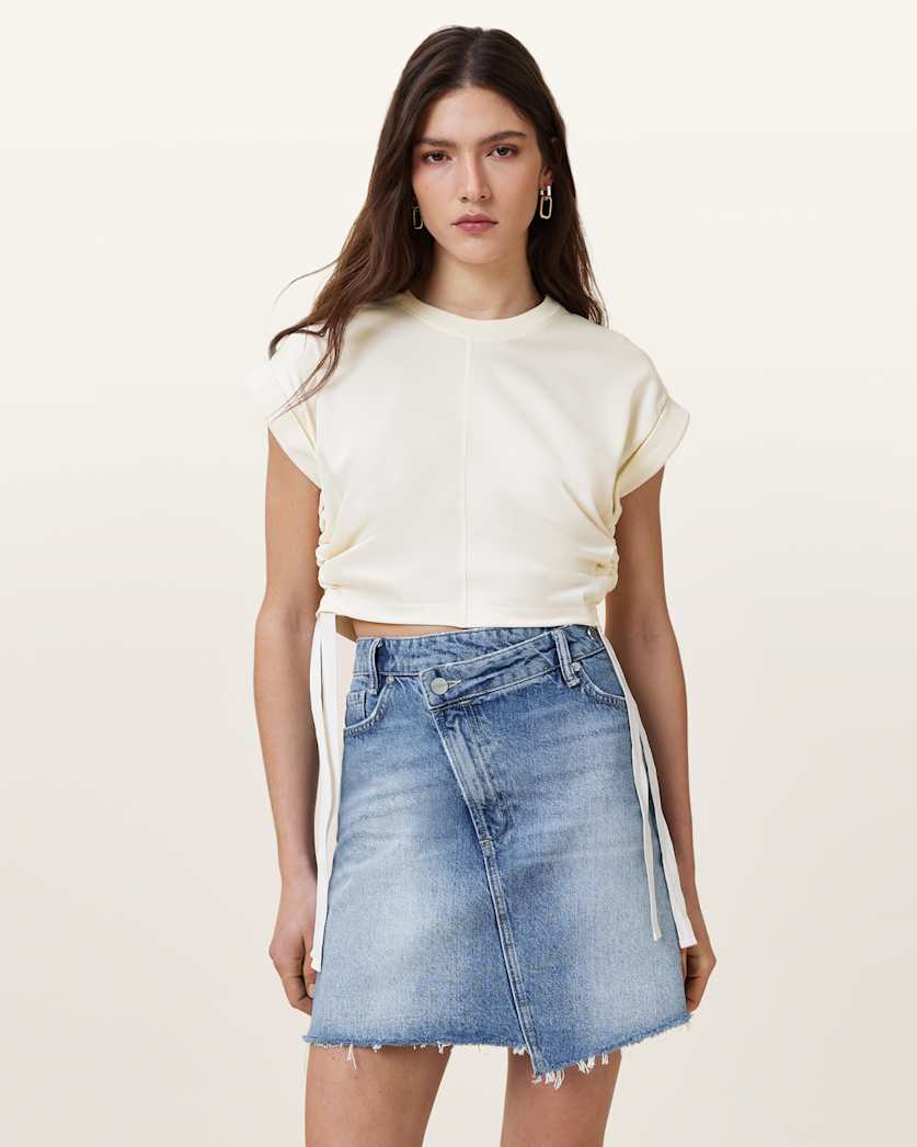 all saints Mira Cropped Satin Drawcord T-Shirt Tofu White