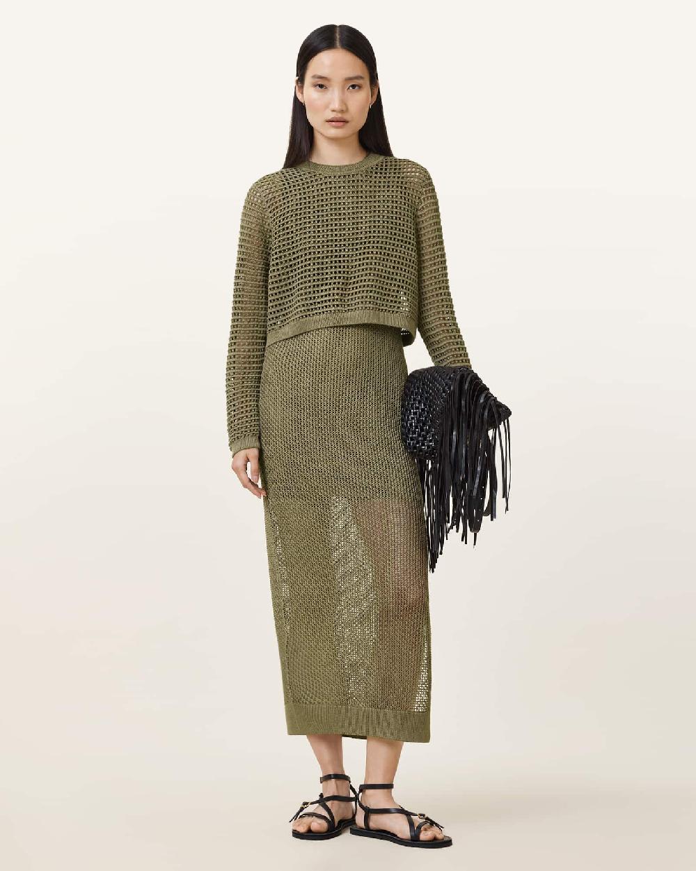 All Saints Miro Open Stitch 2-in-1 Maxi Dress FIR GREEN