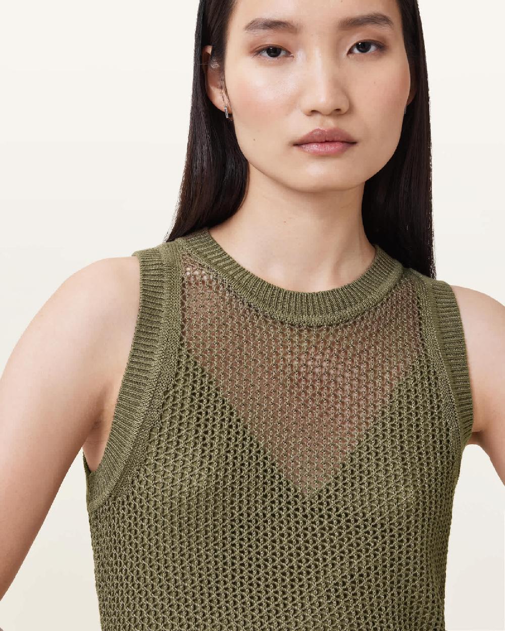 All Saints Miro Open Stitch 2-in-1 Maxi Dress FIR GREEN