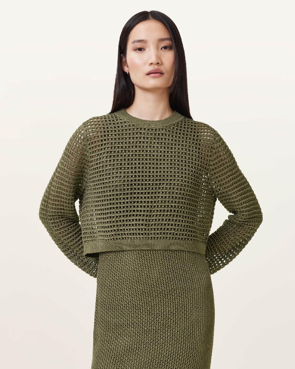 All Saints Miro Open Stitch 2-in-1 Maxi Dress FIR GREEN