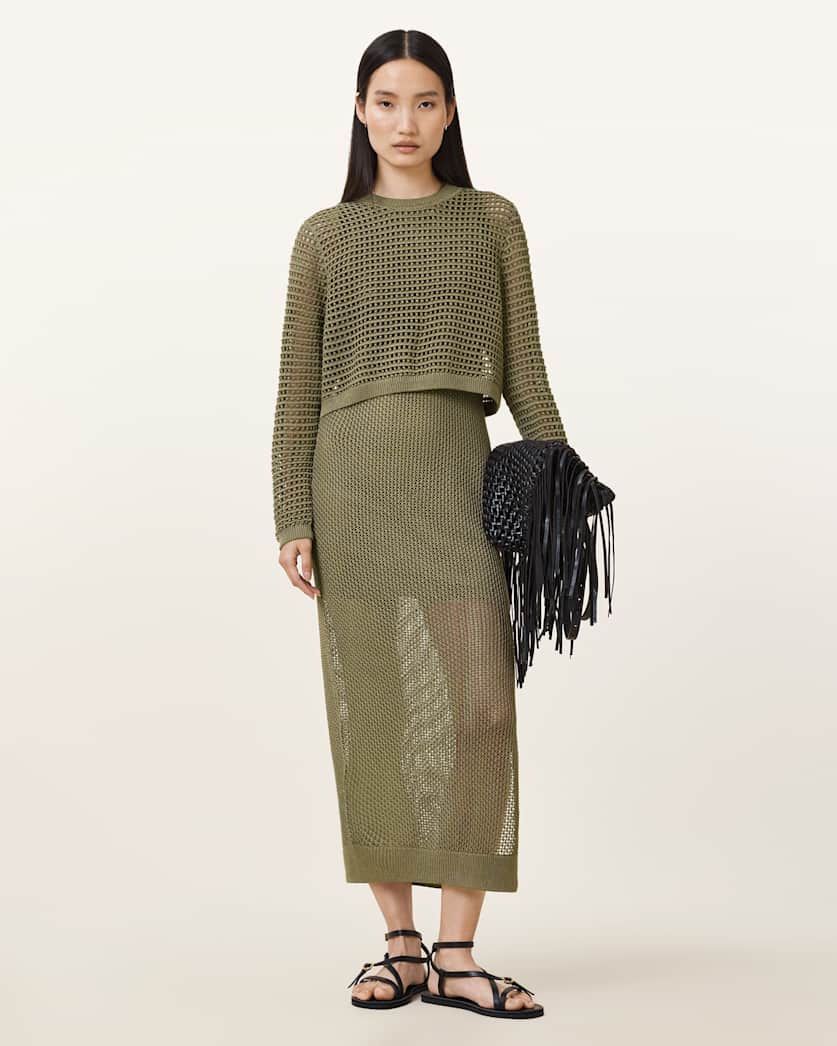 all saints Miro Open Stitch 2-in-1 Maxi Dress FIR GREEN