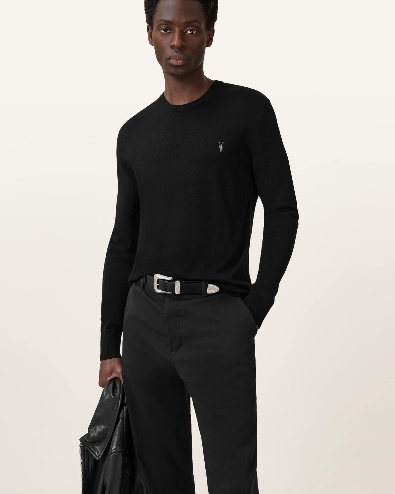All Saints Mode Merino Crew Neck Ramskull Sweater Black