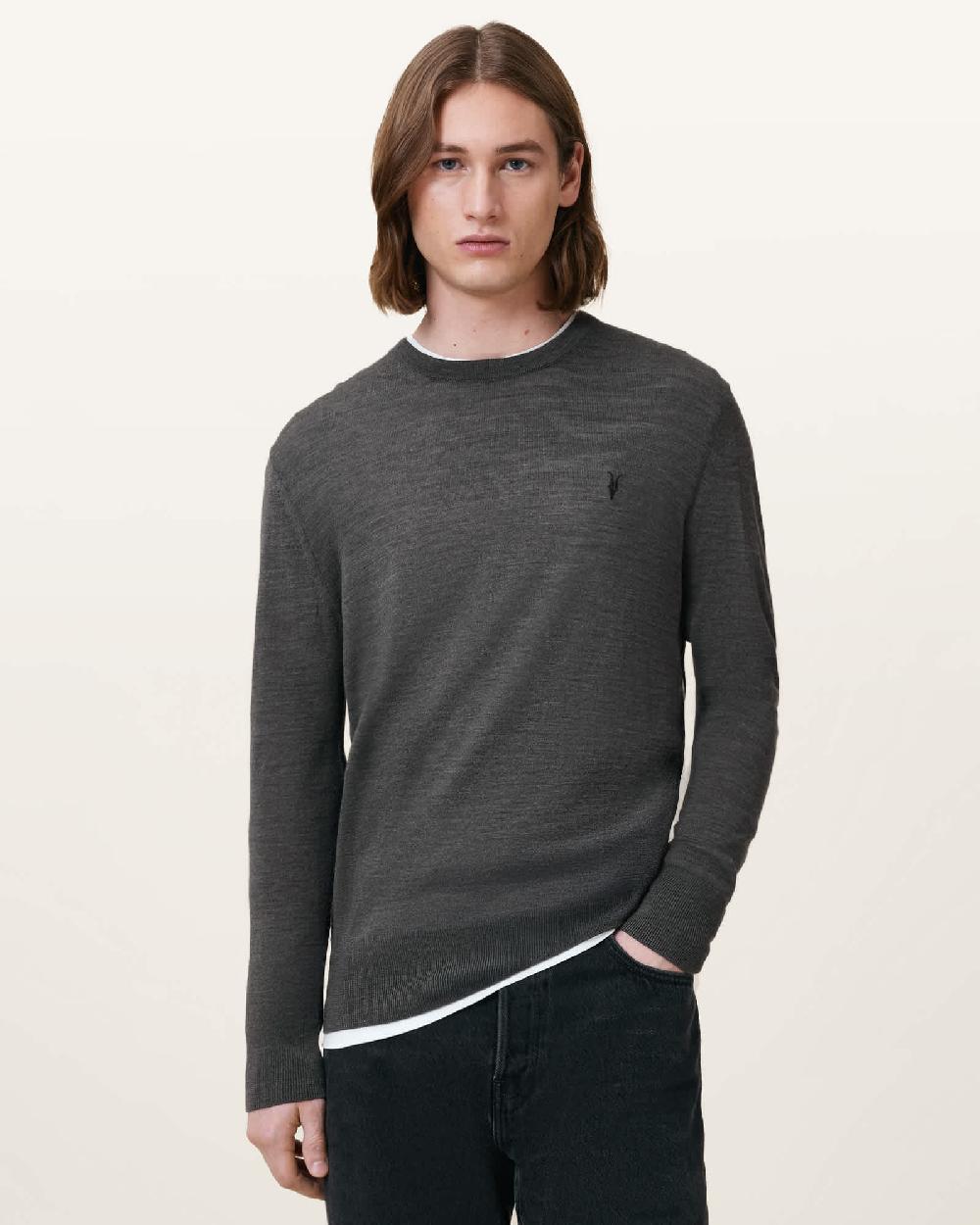 All Saints Mode Merino Crew Neck Ramskull Sweater Monument Gray