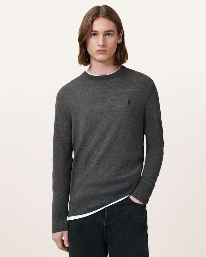all saints Mode Merino Crew Neck Ramskull Sweater Monument Gray