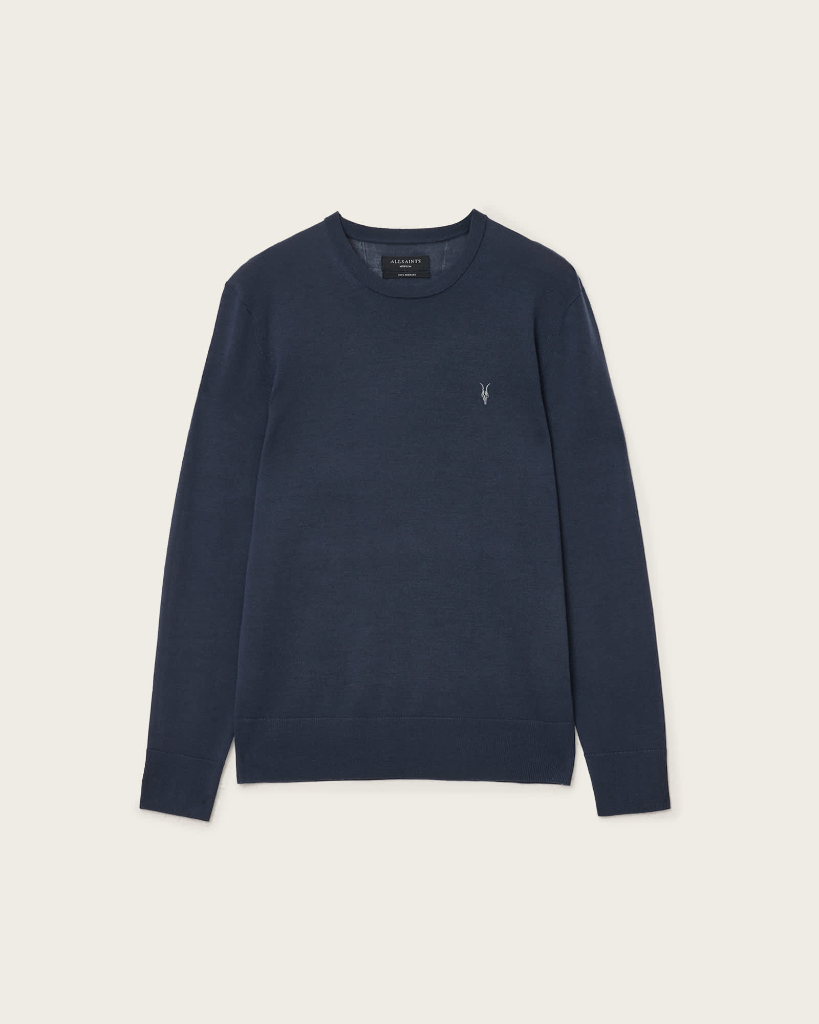 All Saints Mode Merino Crew Neck Ramskull Sweater Navy Blue