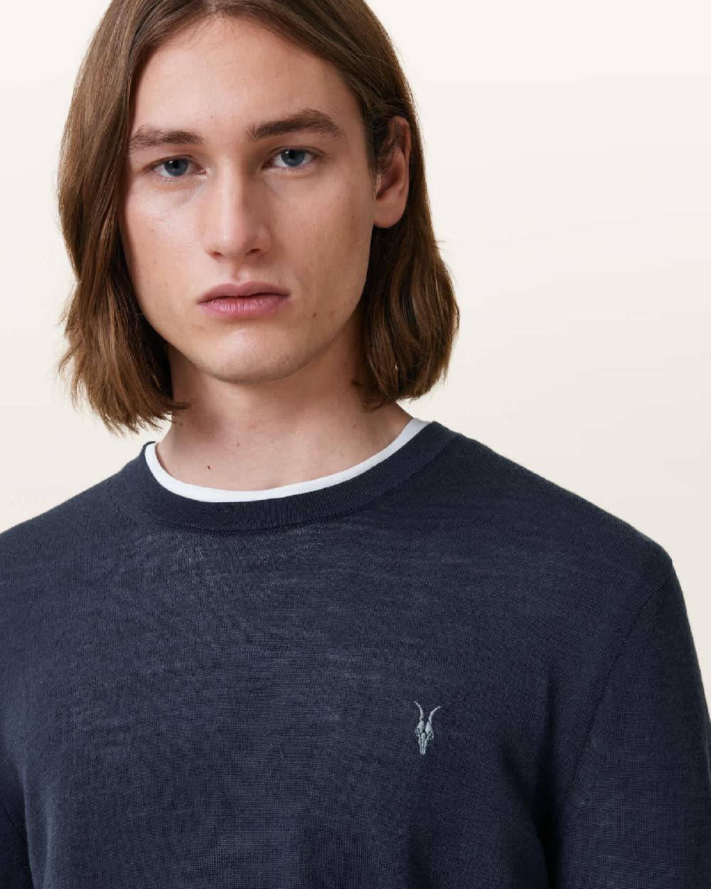 All Saints Mode Merino Crew Neck Ramskull Sweater Navy Blue