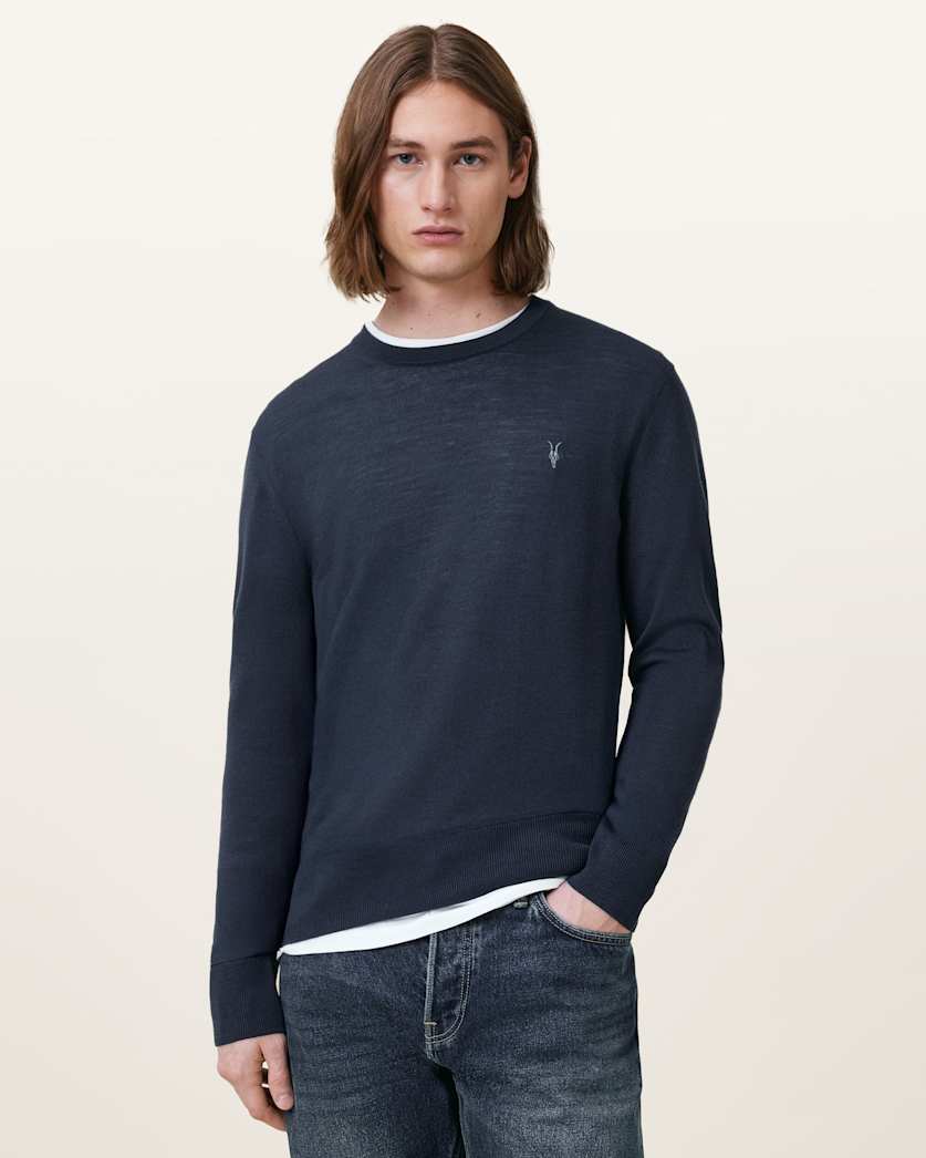all saints Mode Merino Crew Neck Ramskull Sweater Navy Blue