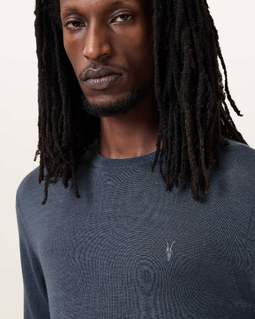 All Saints Mode Merino Crew Neck Ramskull Sweater Pitched Blue