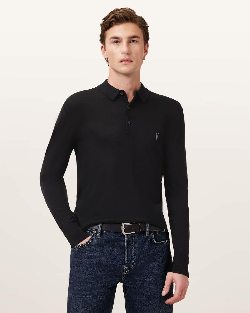 All Saints Mode Merino Long Sleeve Ramskull Polo Shirt Black