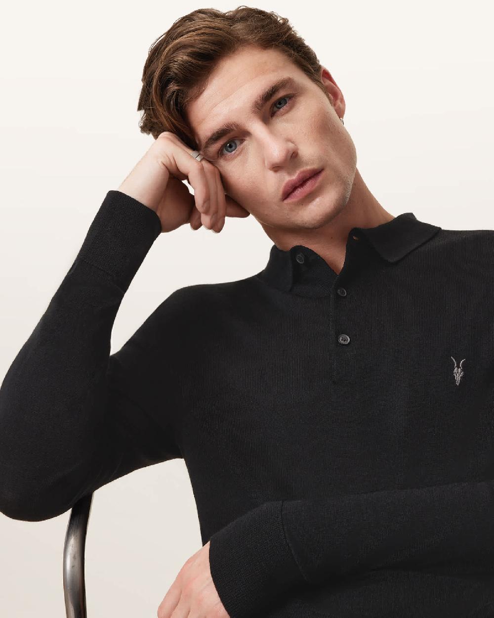 All Saints Mode Merino Long Sleeve Ramskull Polo Shirt Black