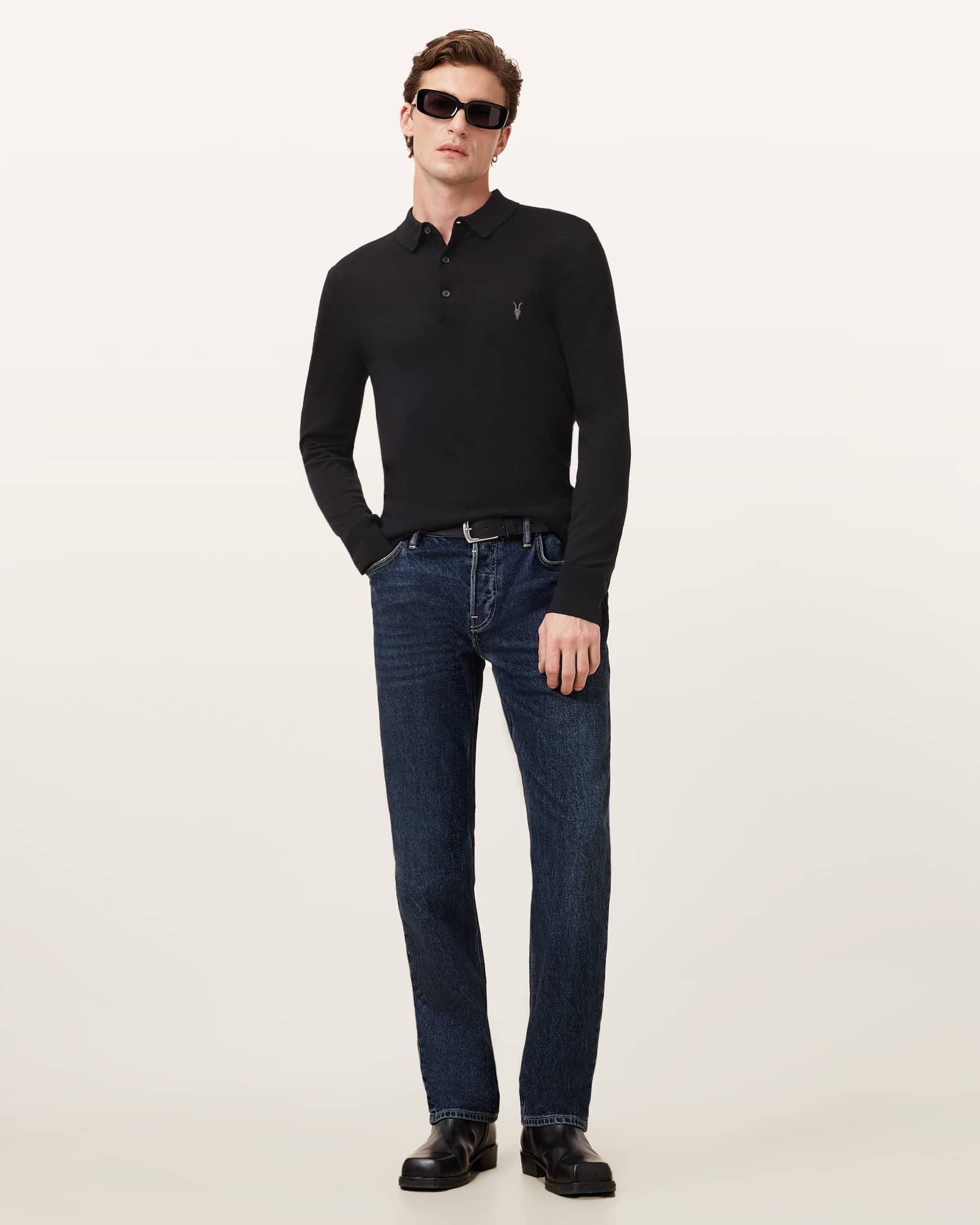 All Saints Mode Merino Long Sleeve Ramskull Polo Shirt Black