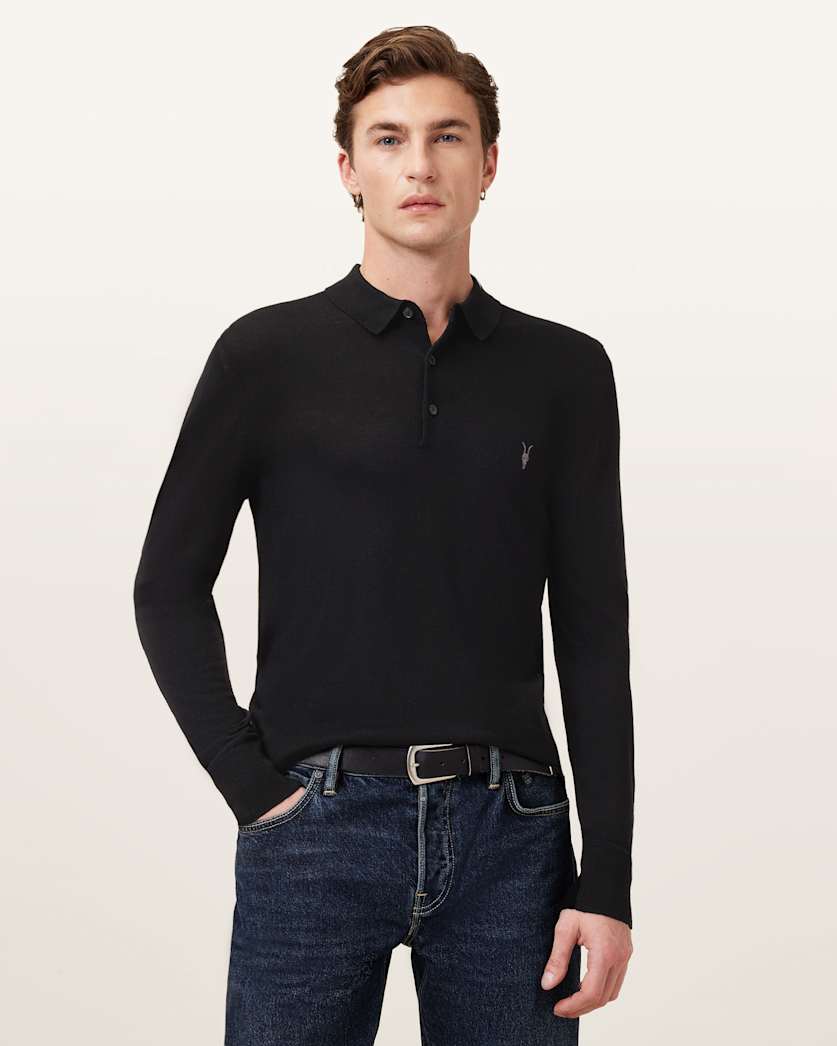 all saints Mode Merino Long Sleeve Ramskull Polo Shirt Black