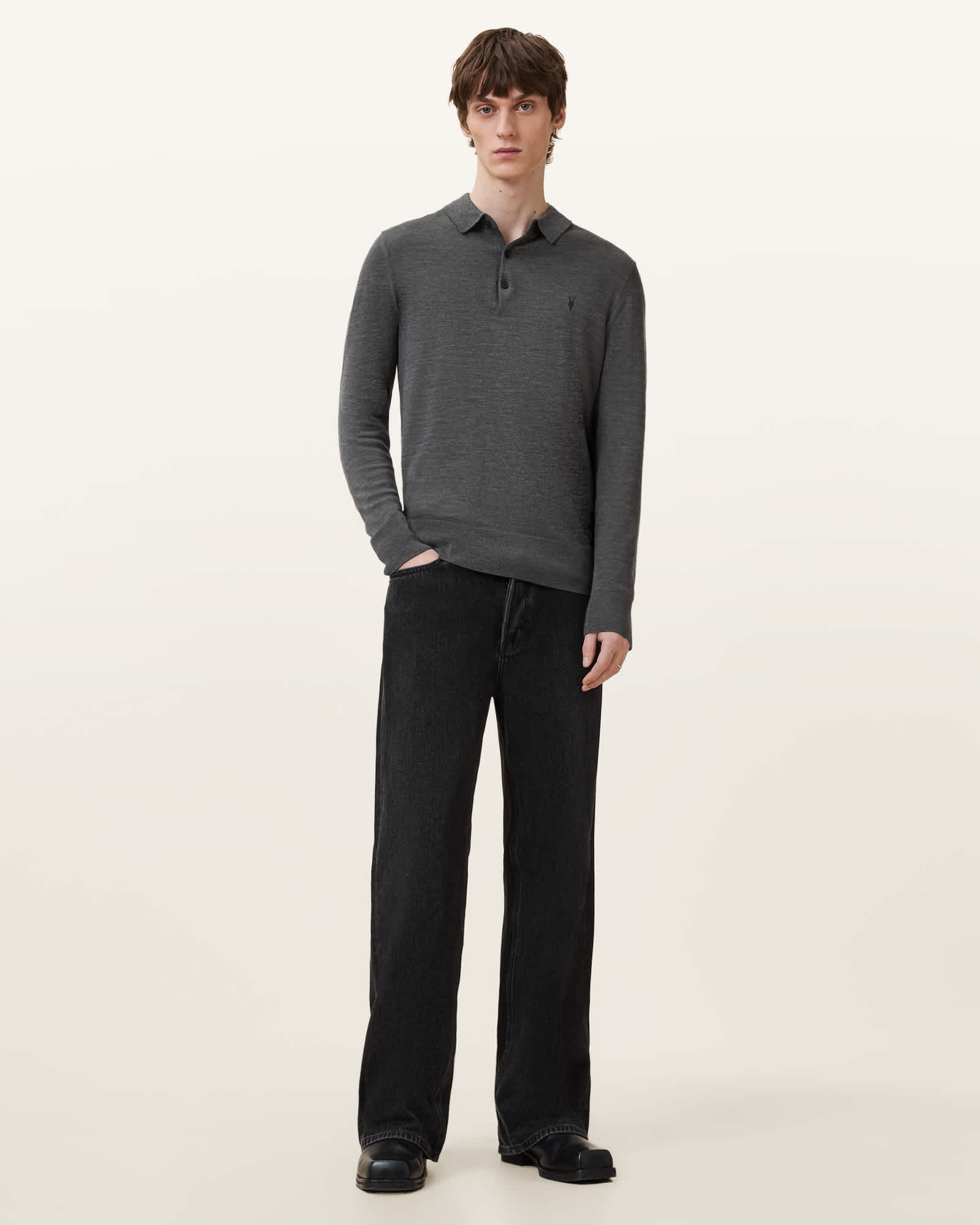 All Saints Mode Merino Long Sleeve Ramskull Polo Shirt Monument Gray