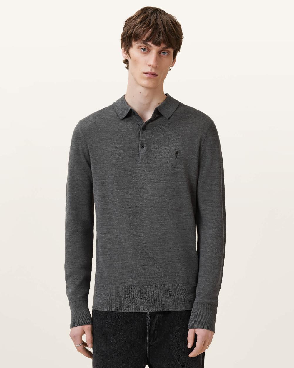 All Saints Mode Merino Long Sleeve Ramskull Polo Shirt Monument Gray