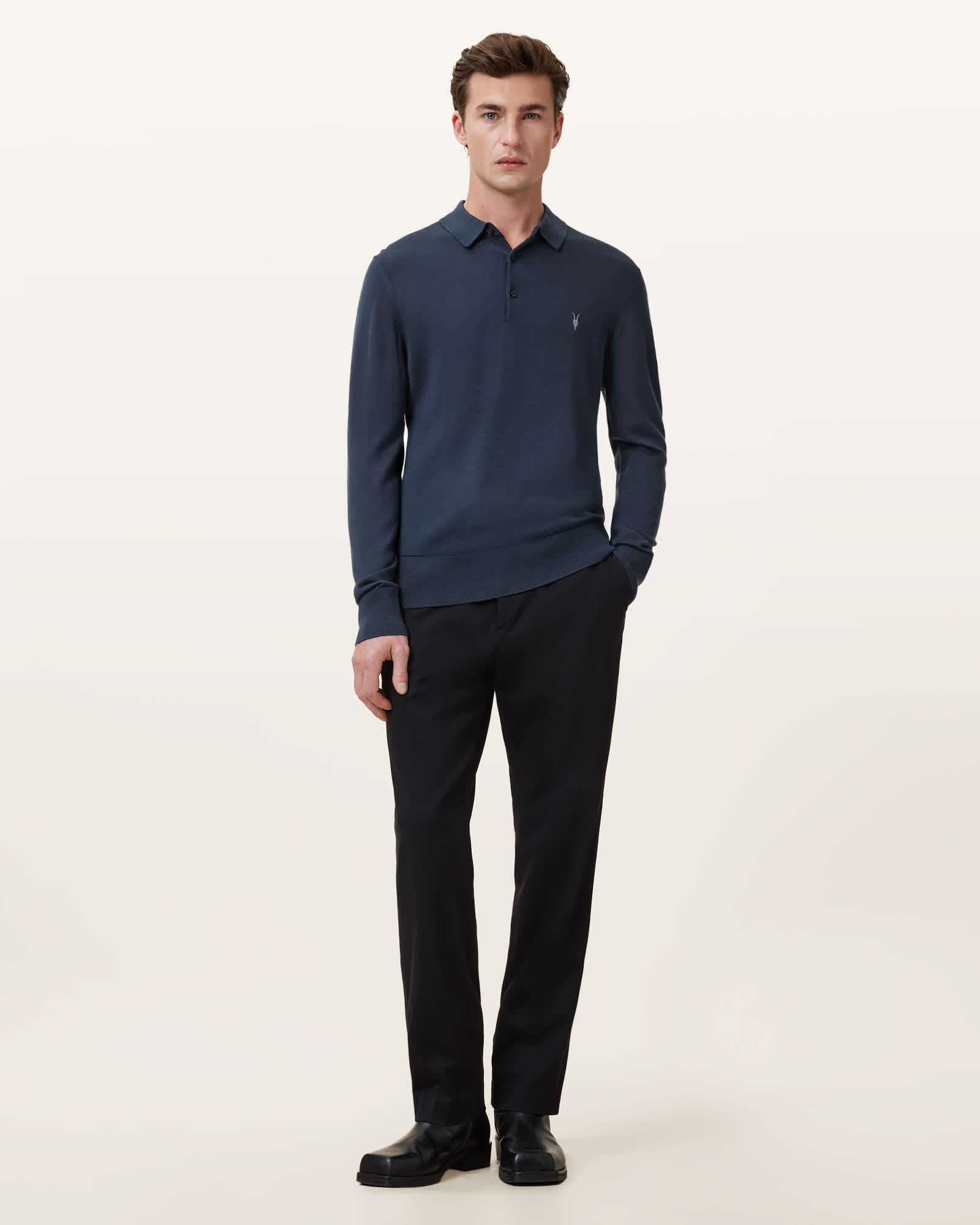 All Saints Mode Merino Long Sleeve Ramskull Polo Shirt Navy Blue