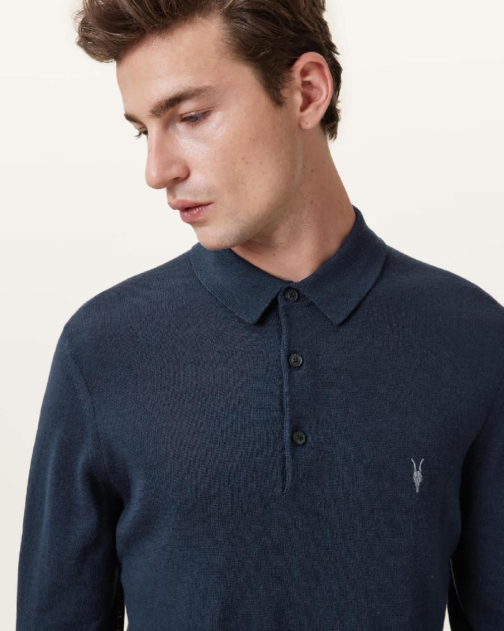 All Saints Mode Merino Long Sleeve Ramskull Polo Shirt Navy Blue
