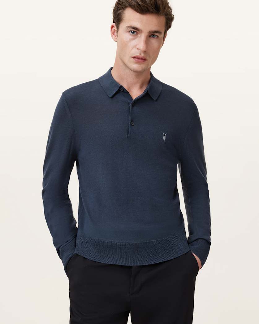 all saints Mode Merino Long Sleeve Ramskull Polo Shirt Navy Blue