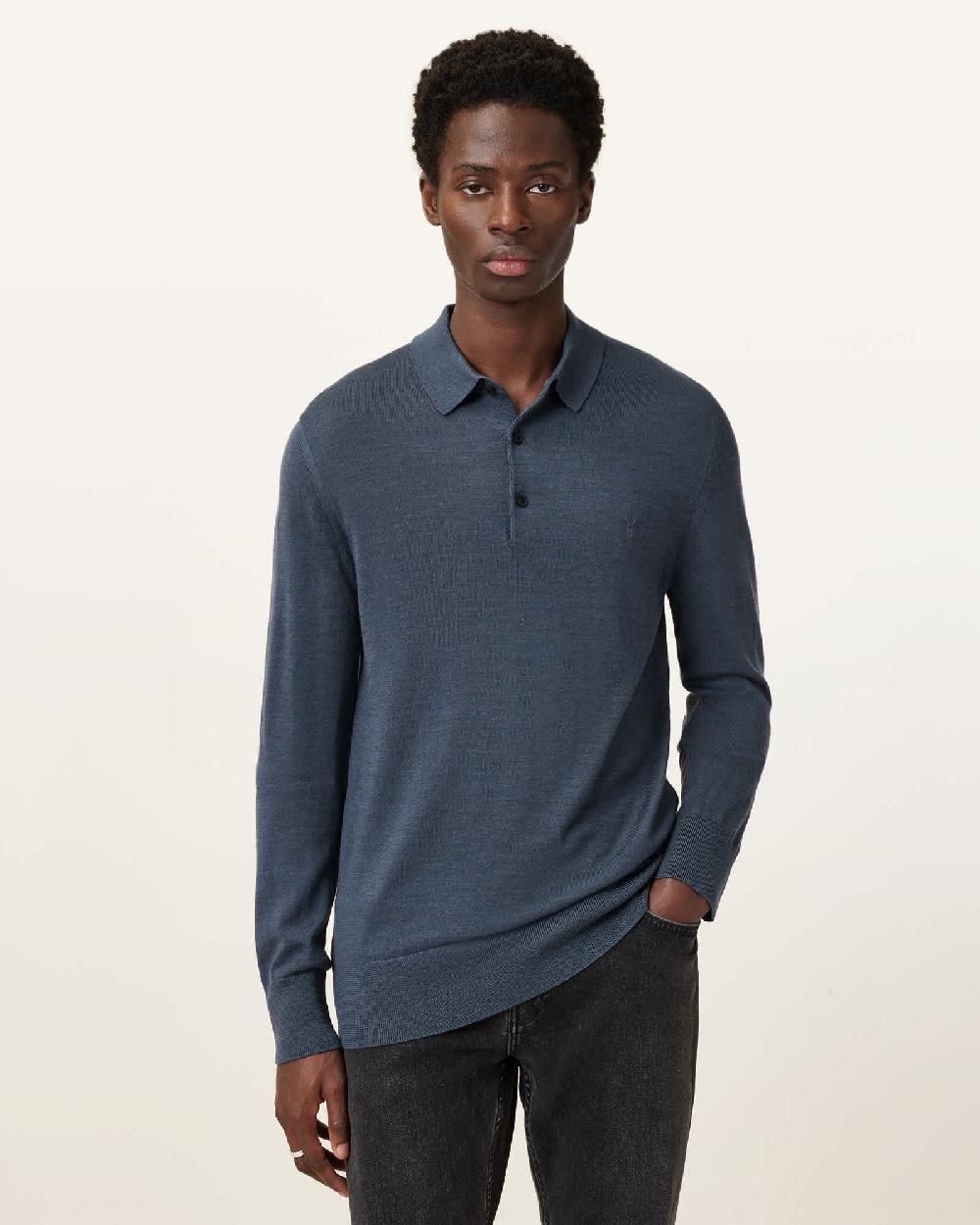 All Saints Mode Merino Long Sleeve Ramskull Polo Shirt Pitched Blue