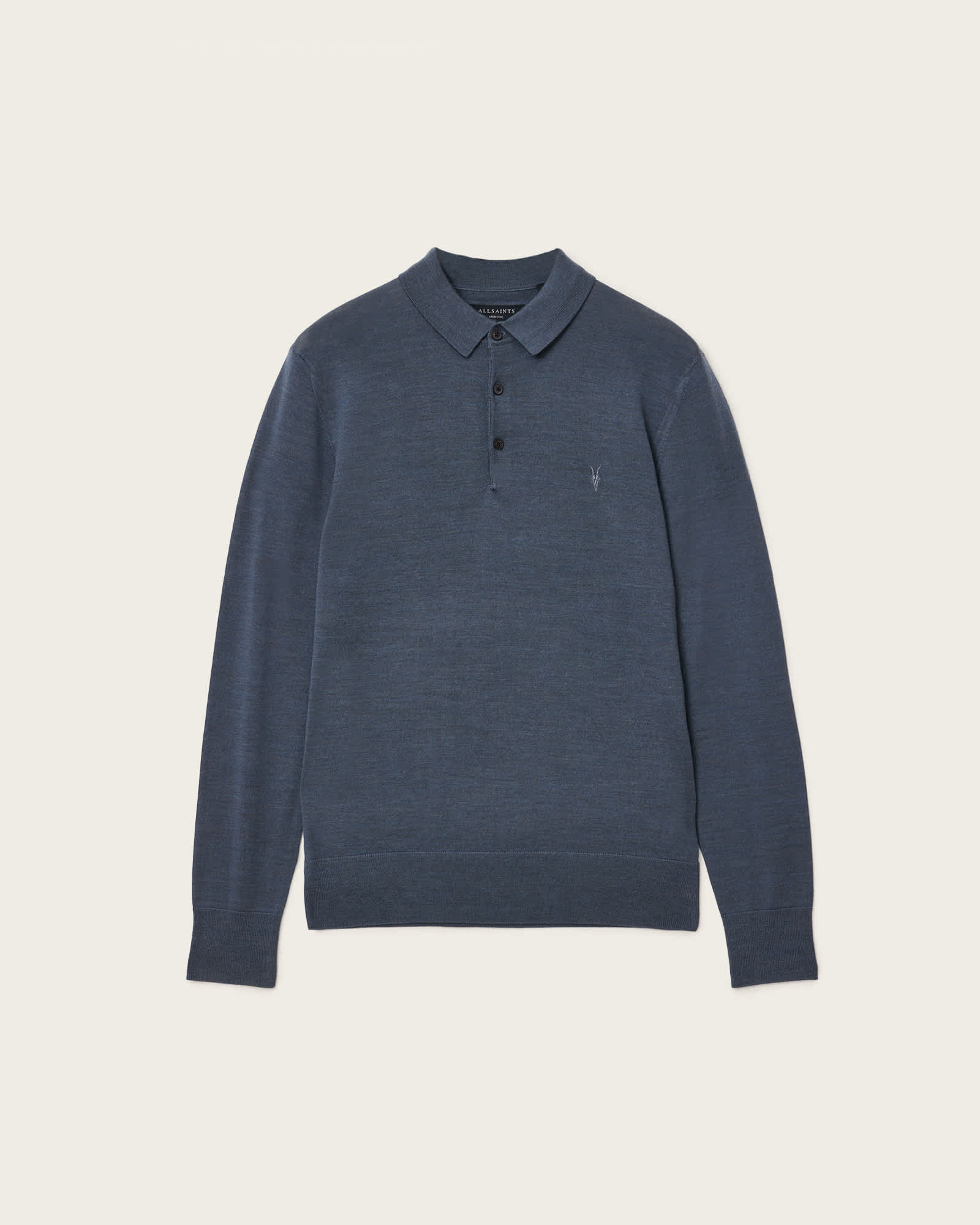 All Saints Mode Merino Long Sleeve Ramskull Polo Shirt Pitched Blue