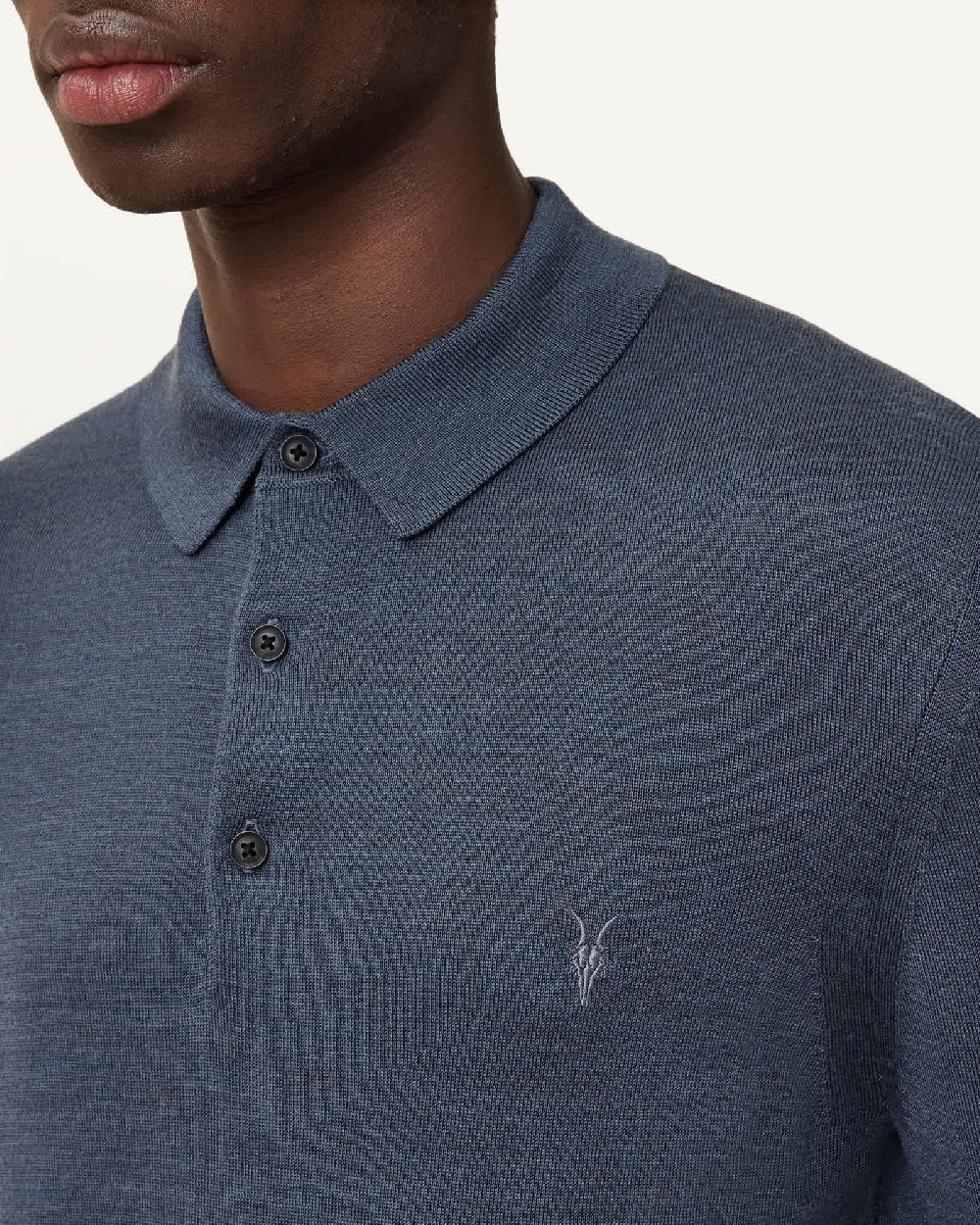 All Saints Mode Merino Long Sleeve Ramskull Polo Shirt Pitched Blue