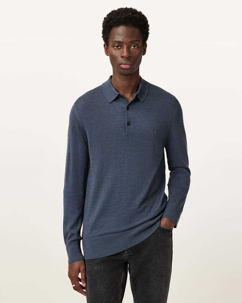 all saints Mode Merino Long Sleeve Ramskull Polo Shirt Pitched Blue