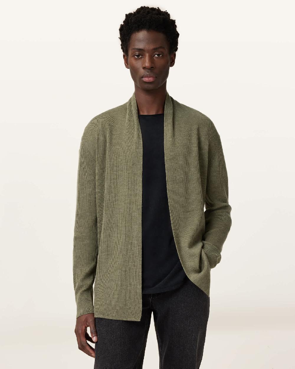 All Saints Mode Merino Ramskull Open Cardigan LIGHT ASH GREEN