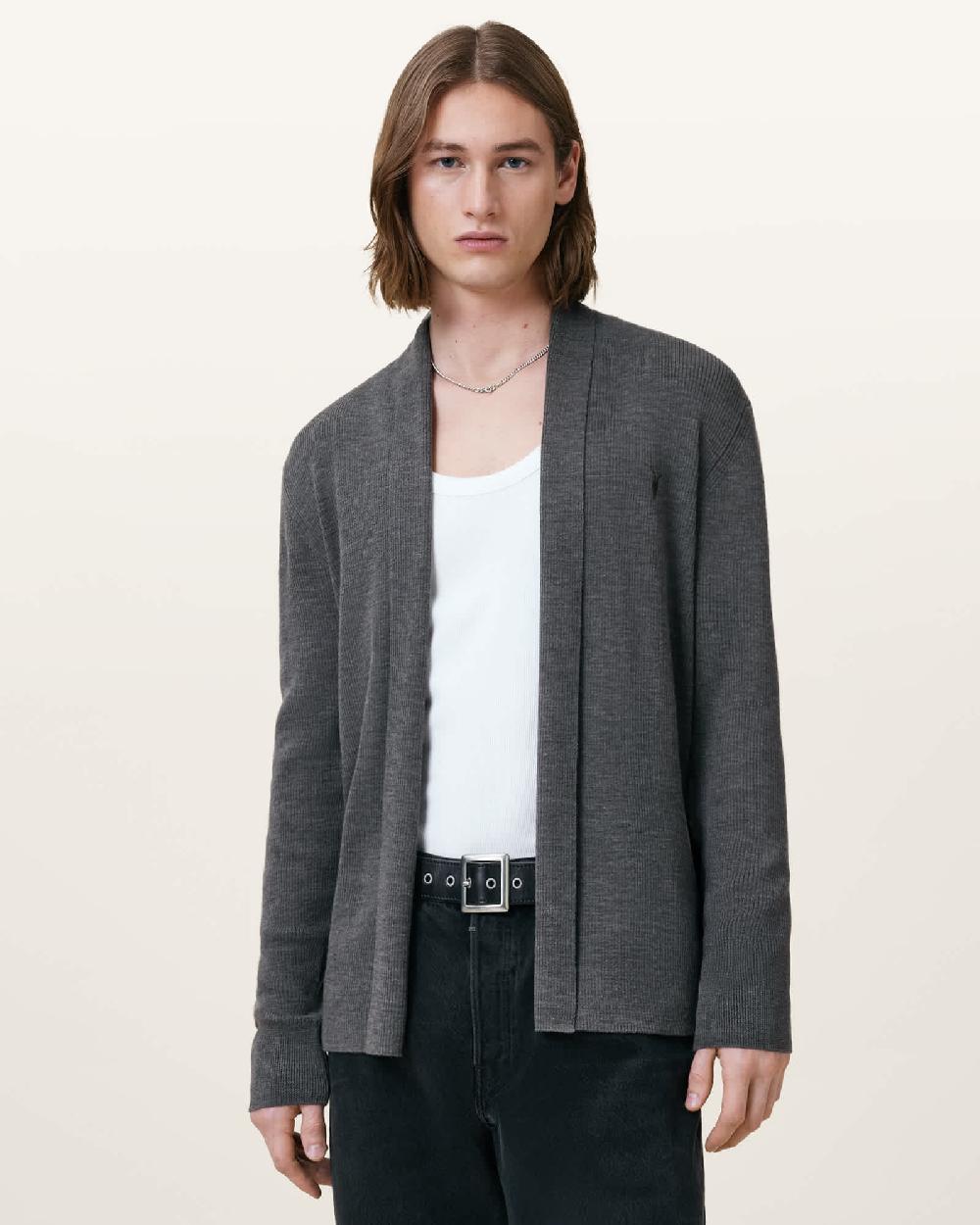 All Saints Mode Merino Ramskull Open Cardigan Monument Gray