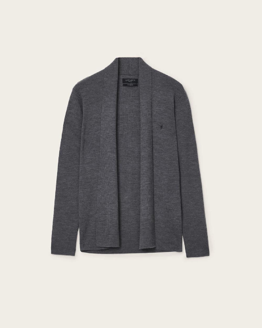 All Saints Mode Merino Ramskull Open Cardigan Monument Gray