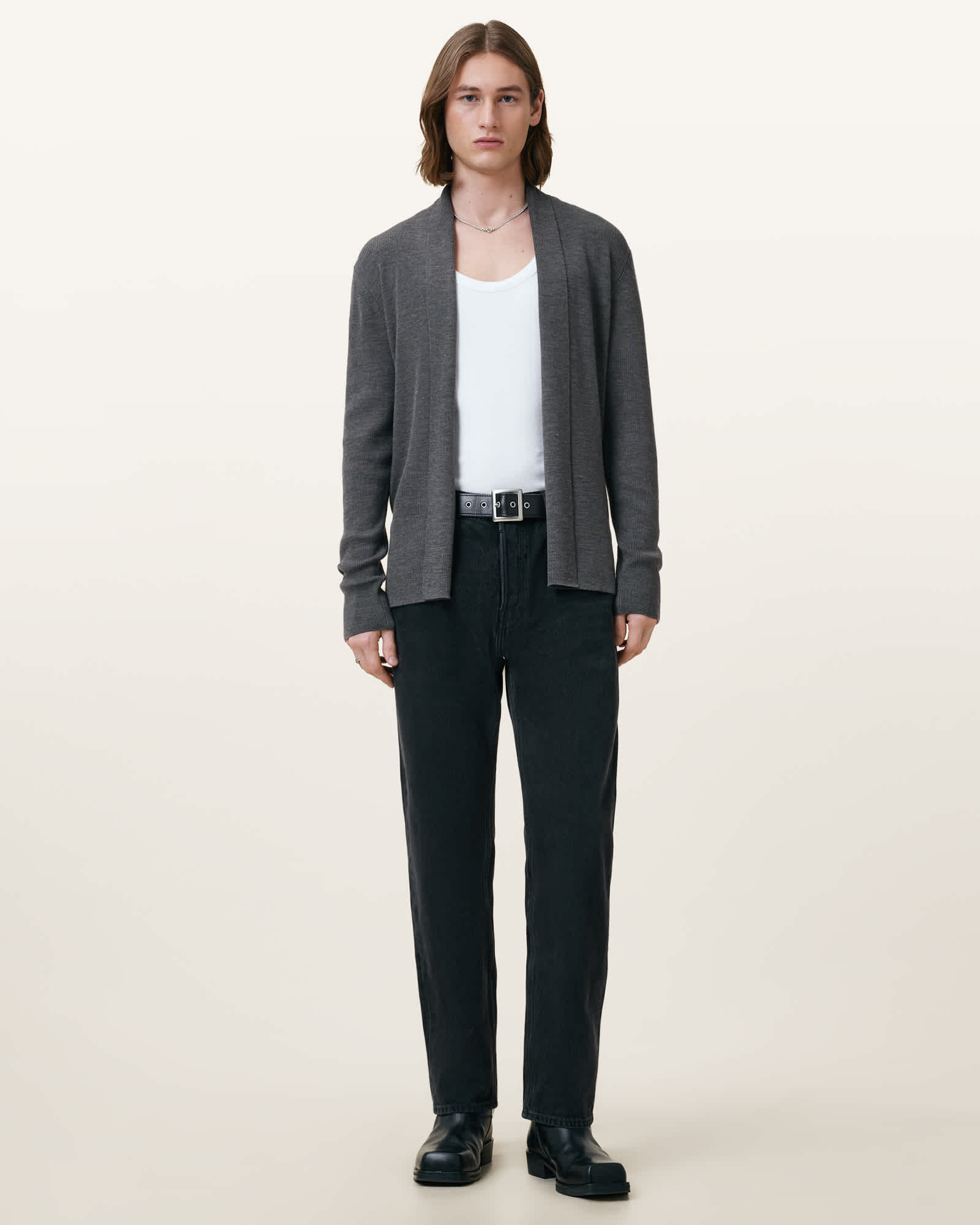 All Saints Mode Merino Ramskull Open Cardigan Monument Gray