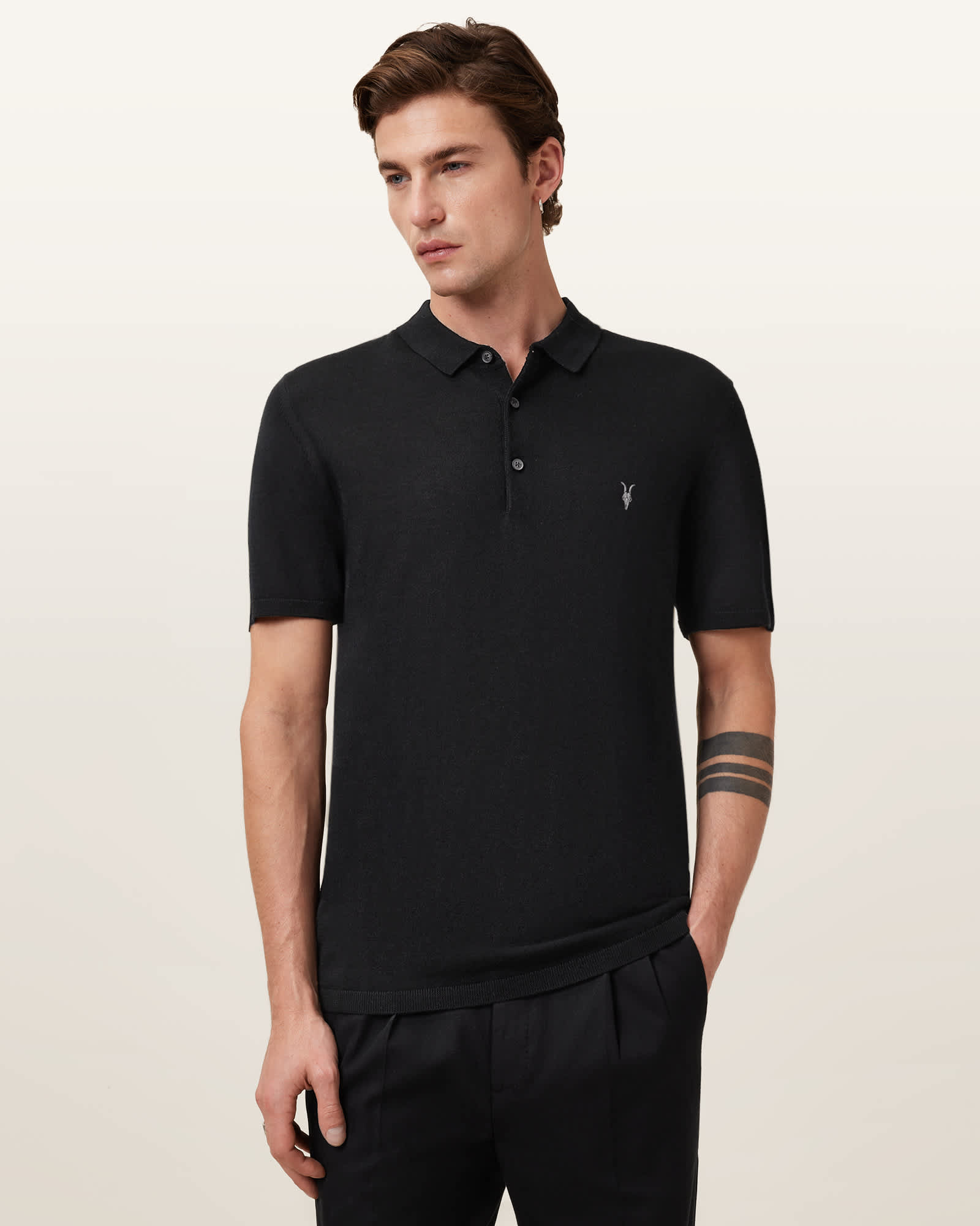 All Saints Mode Merino Short Sleeve Polo Shirt Black