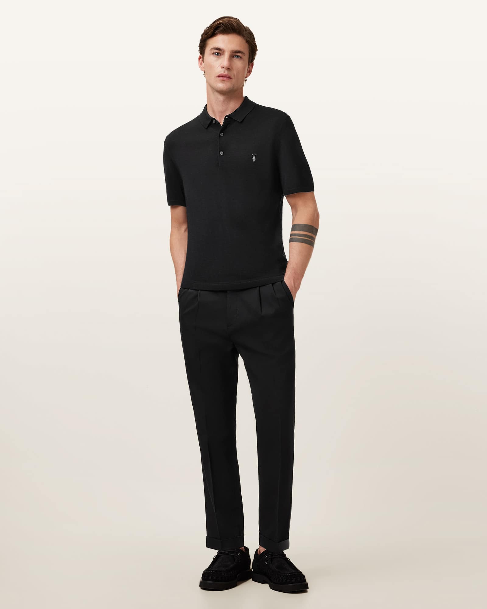 All Saints Mode Merino Short Sleeve Polo Shirt Black