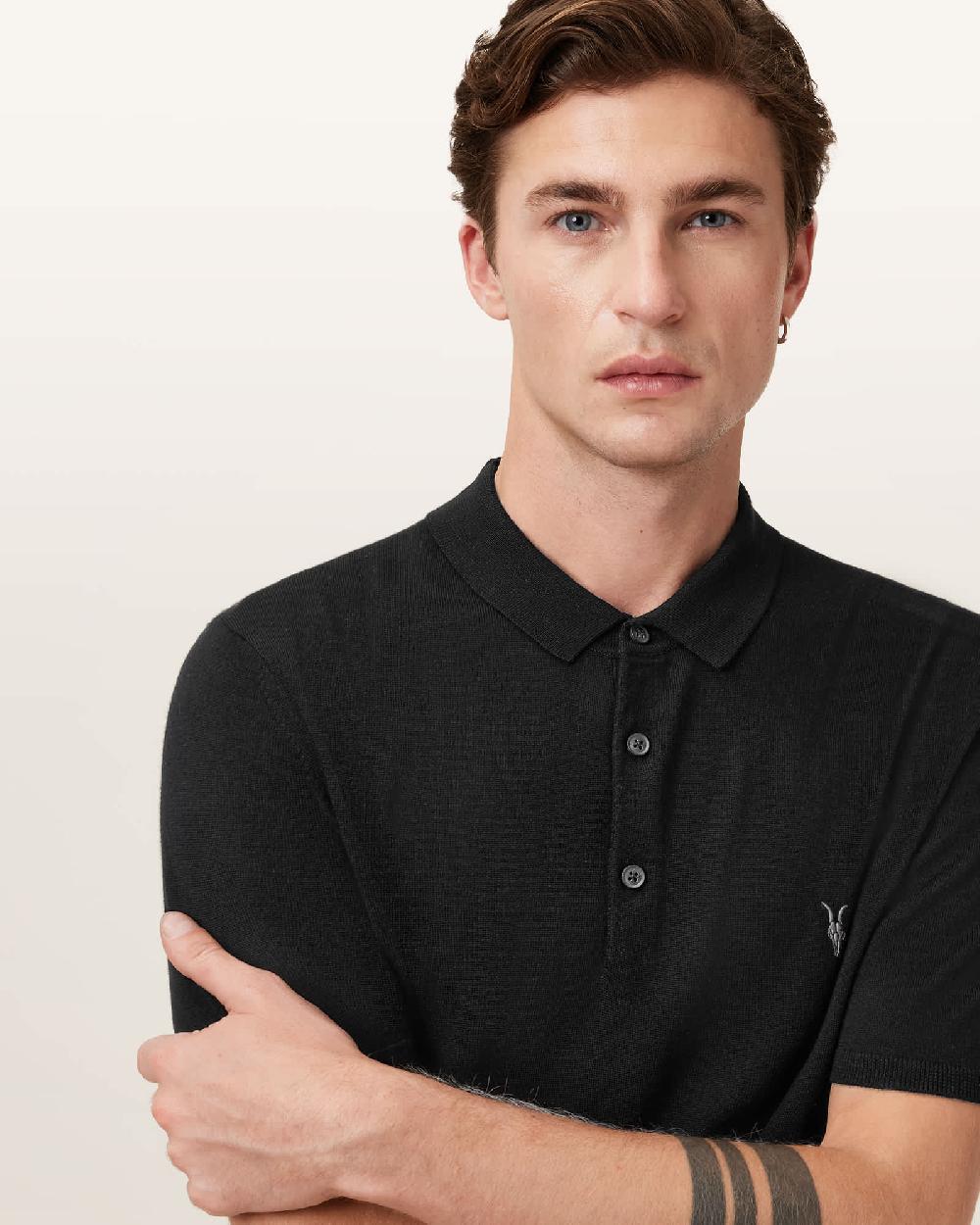 All Saints Mode Merino Short Sleeve Polo Shirt Black