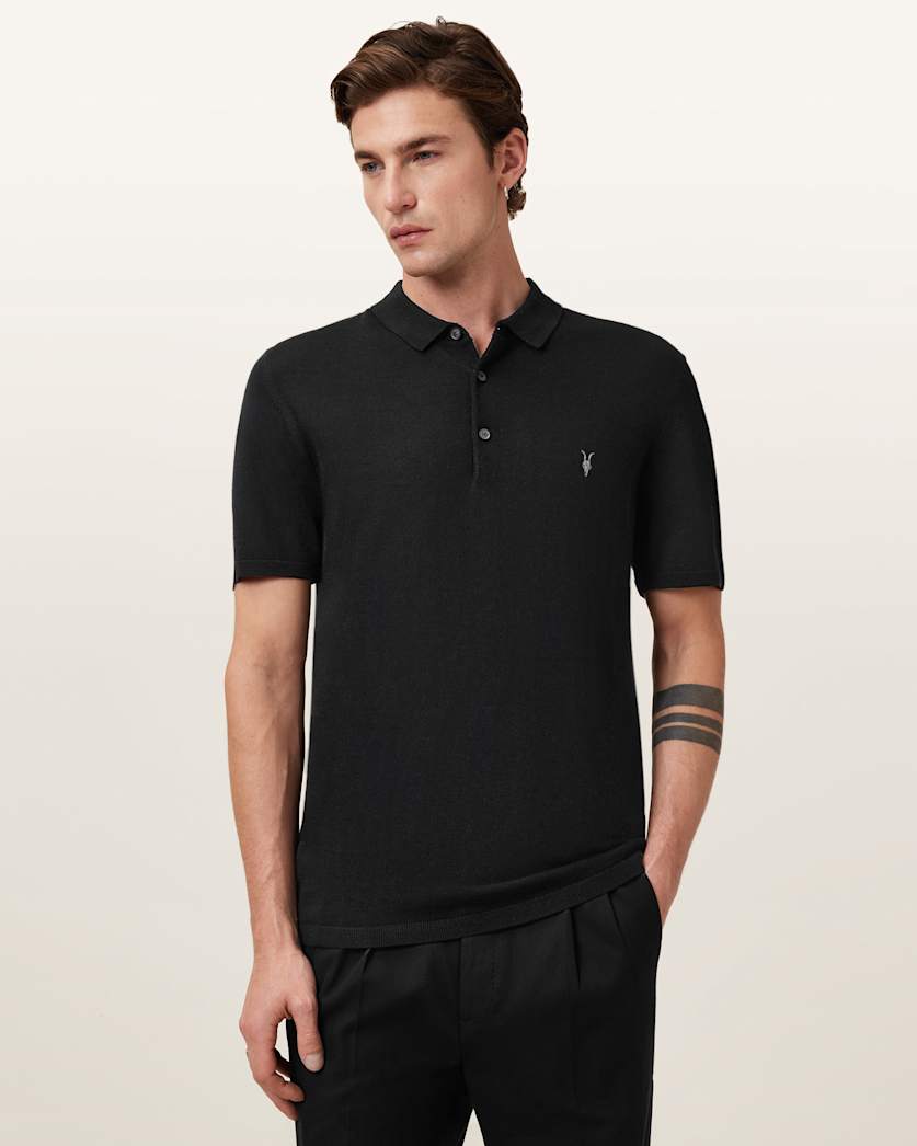 all saints Mode Merino Short Sleeve Polo Shirt Black