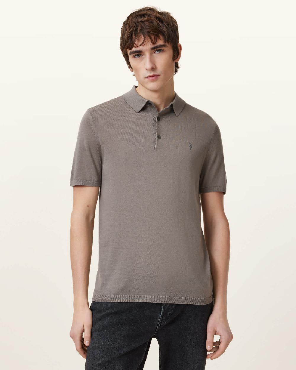 All Saints Mode Merino Short Sleeve Polo Shirt Chestnut Brown
