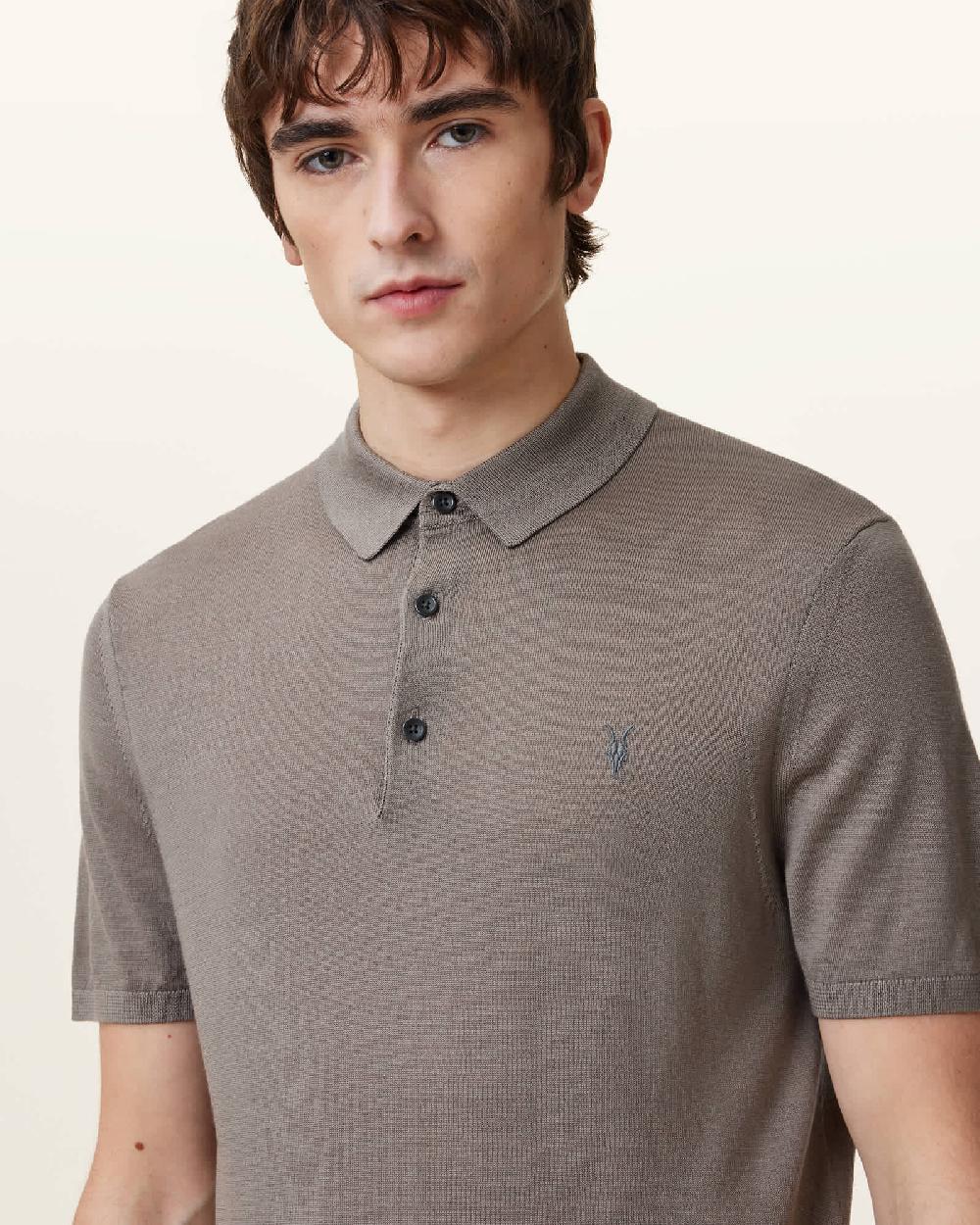All Saints Mode Merino Short Sleeve Polo Shirt Chestnut Brown