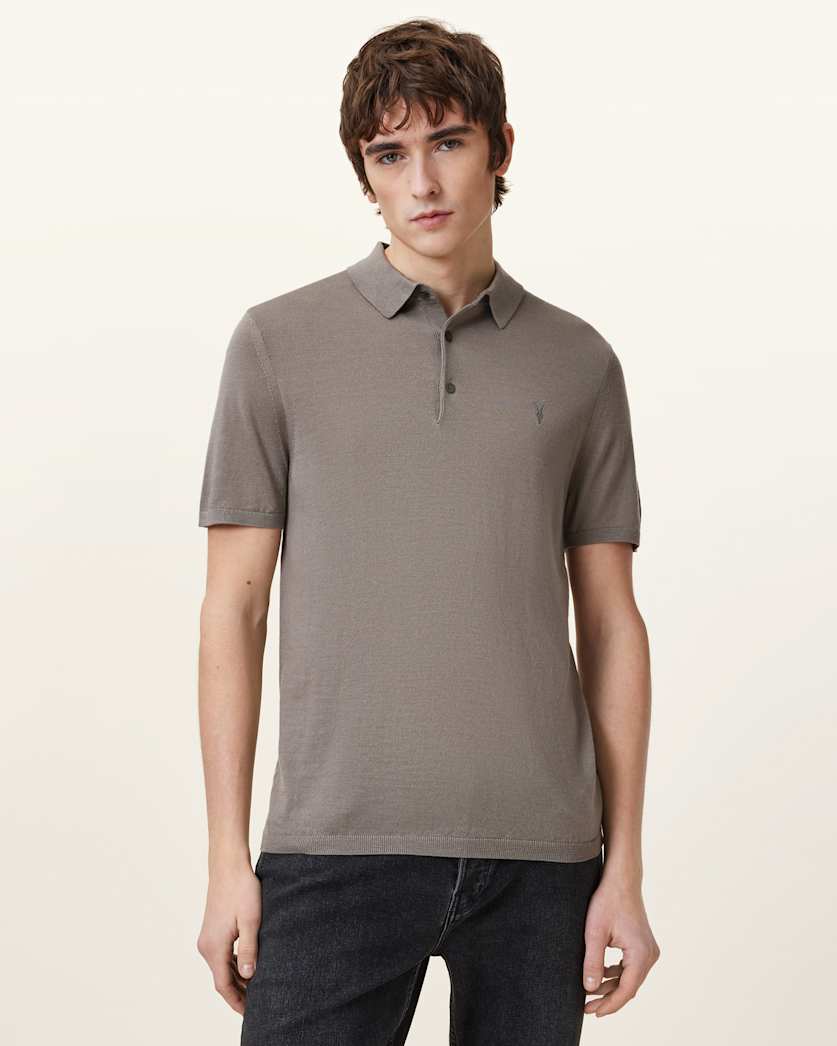 all saints Mode Merino Short Sleeve Polo Shirt Chestnut Brown