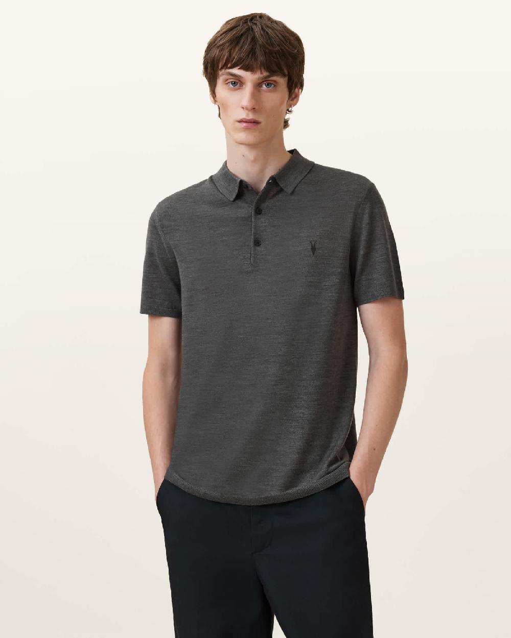 All Saints Mode Merino Short Sleeve Polo Shirt Monument Gray