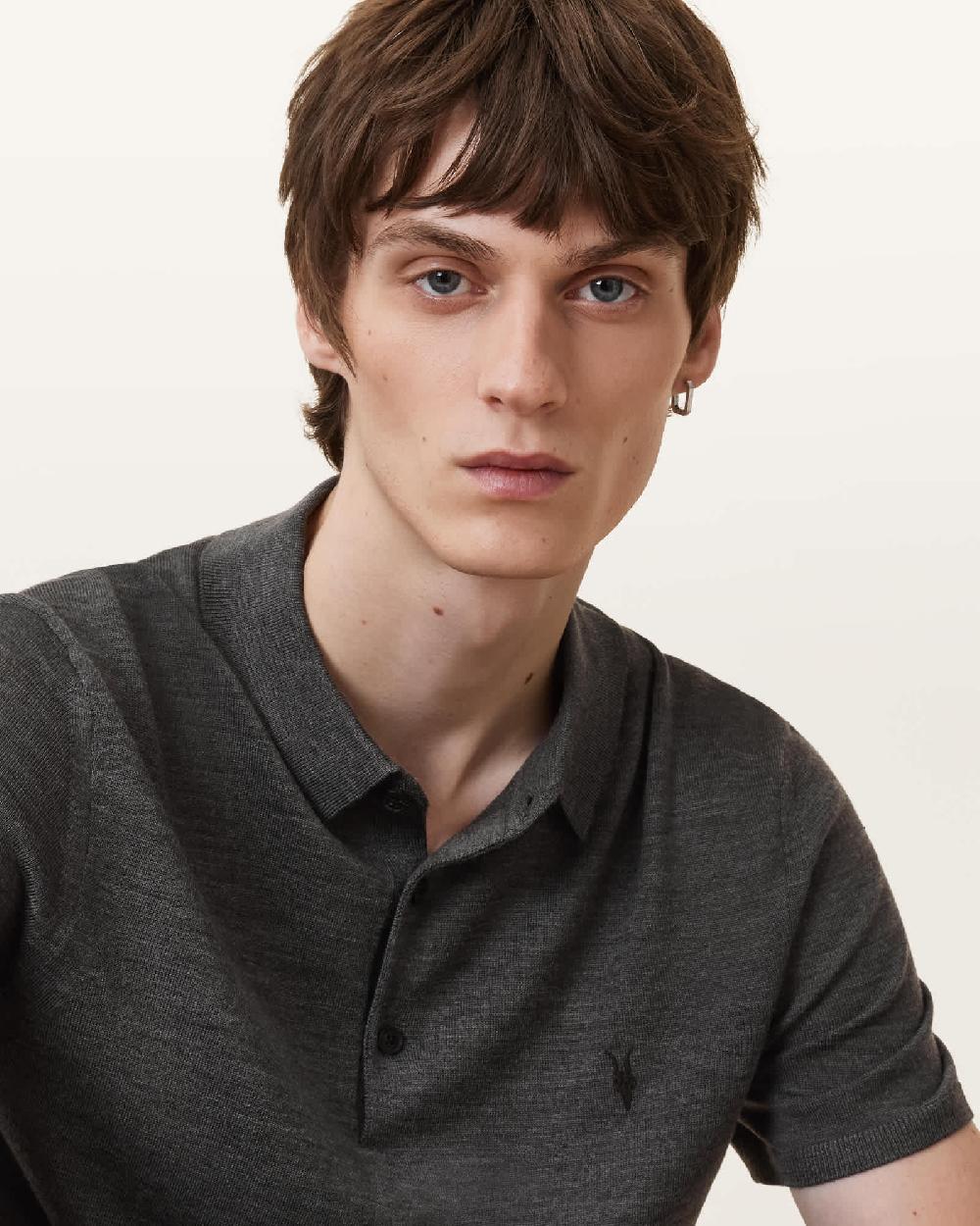 All Saints Mode Merino Short Sleeve Polo Shirt Monument Gray