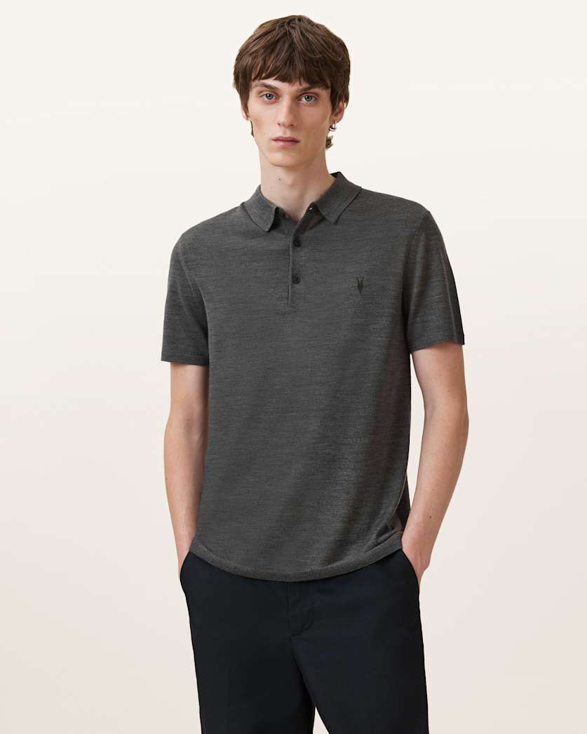 all saints Mode Merino Short Sleeve Polo Shirt Monument Gray