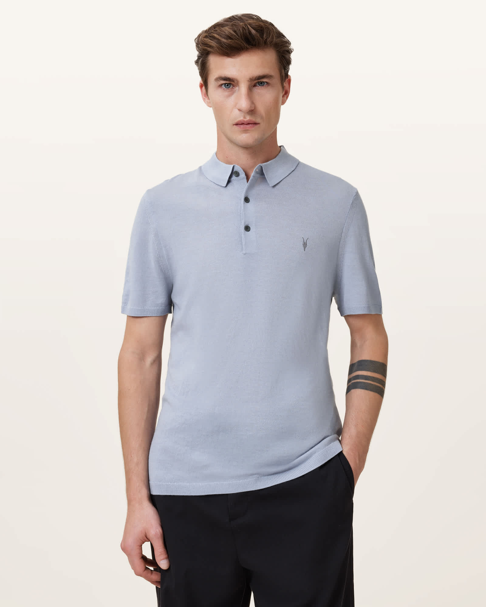All Saints Mode Merino Short Sleeve Polo Shirt Willow Blue
