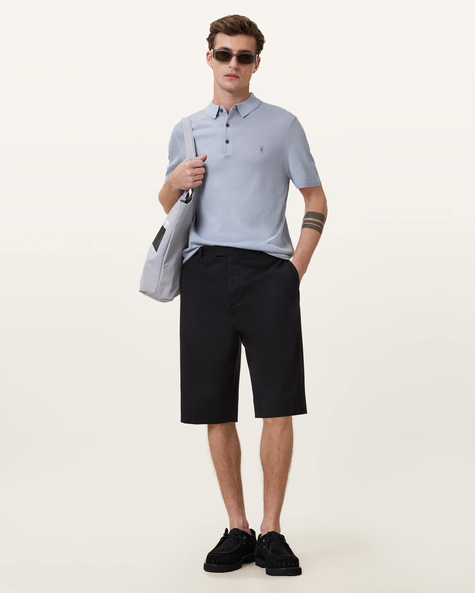 All Saints Mode Merino Short Sleeve Polo Shirt Willow Blue