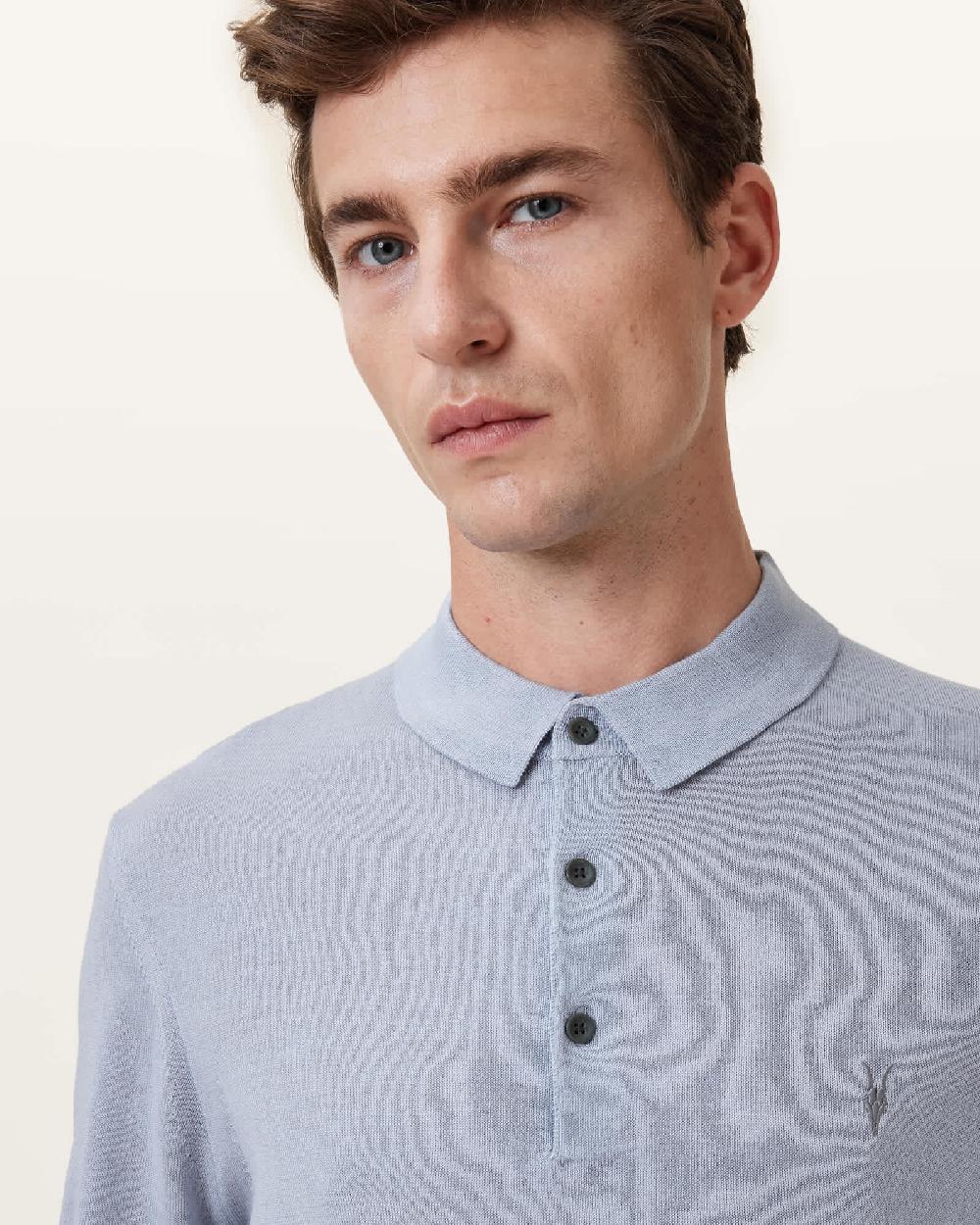 All Saints Mode Merino Short Sleeve Polo Shirt Willow Blue
