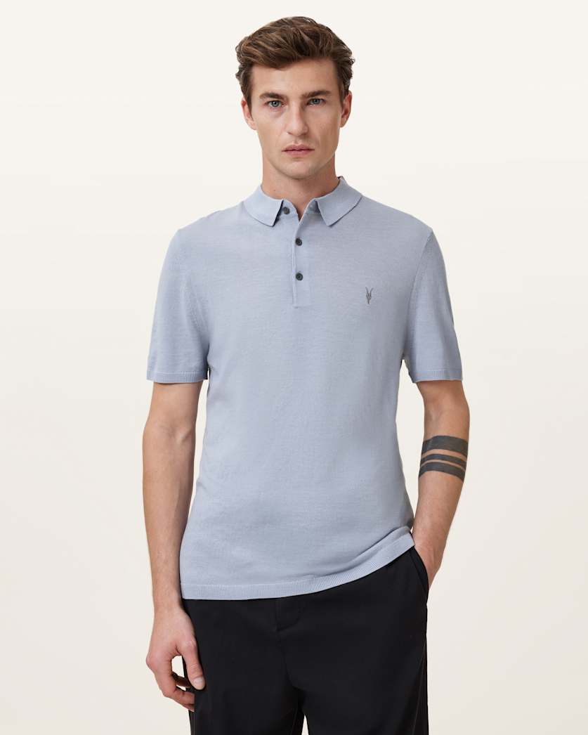 all saints Mode Merino Short Sleeve Polo Shirt Willow Blue