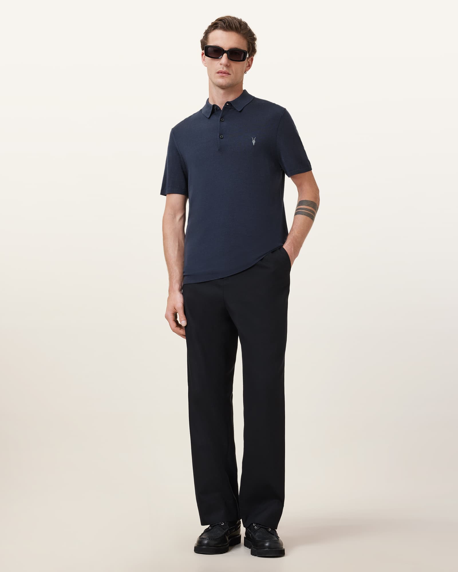 All Saints Mode Merino Short Sleeve Ramskull Polo Shirt Navy Blue