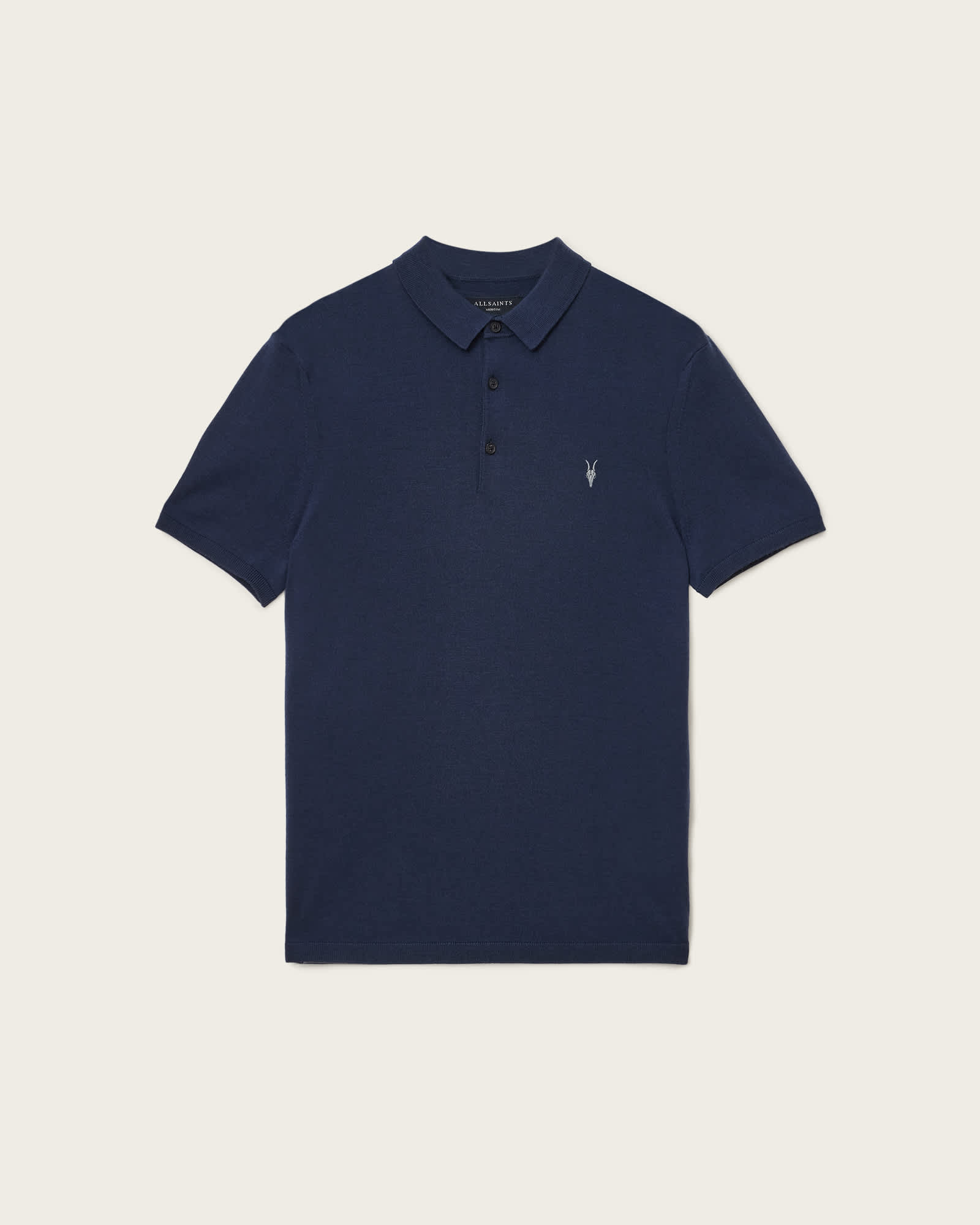 All Saints Mode Merino Short Sleeve Ramskull Polo Shirt Navy Blue