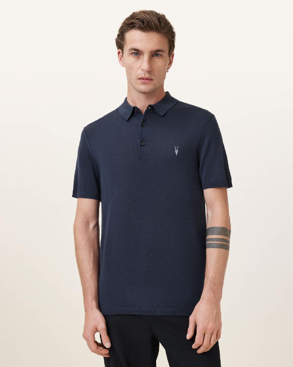All Saints Mode Merino Short Sleeve Ramskull Polo Shirt Navy Blue