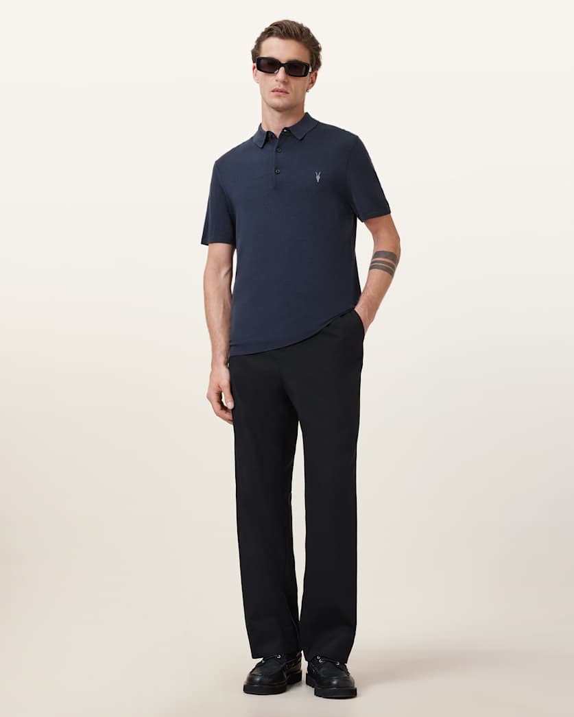all saints Mode Merino Short Sleeve Ramskull Polo Shirt Navy Blue