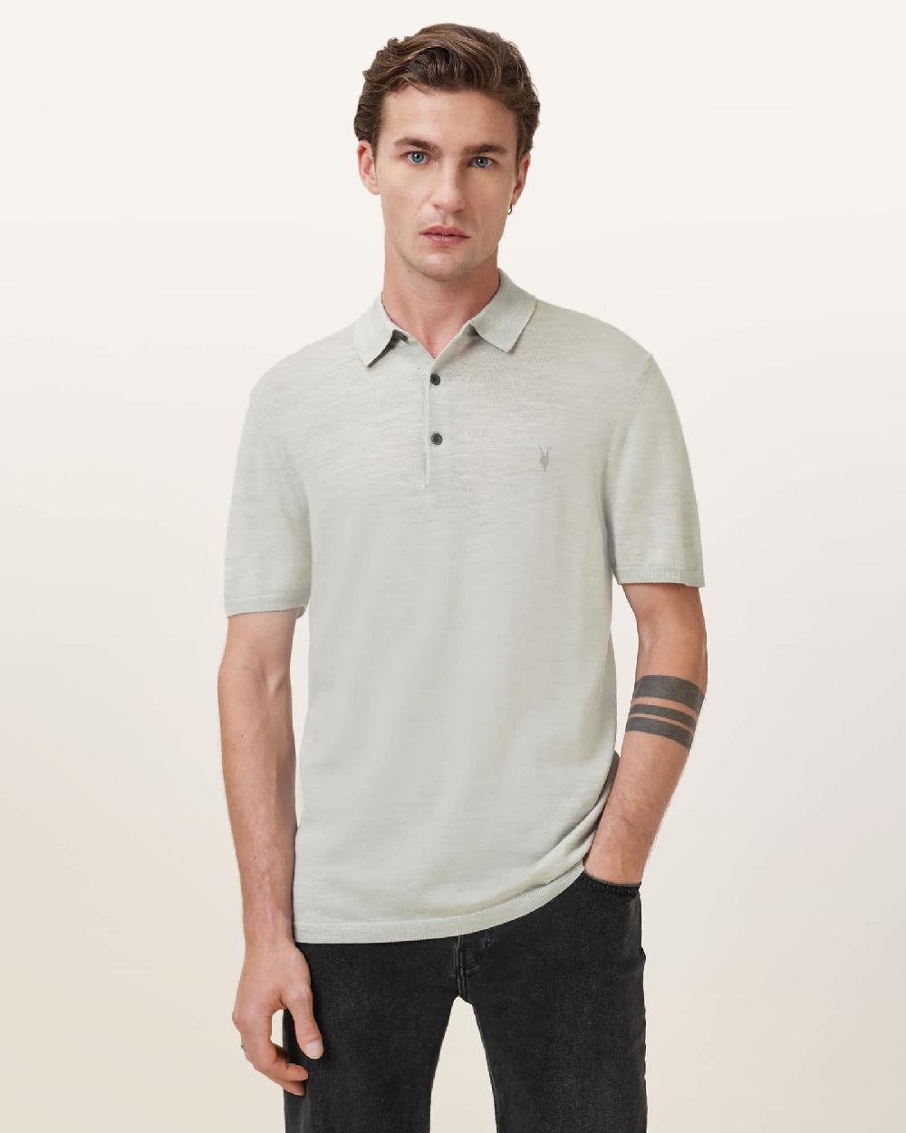 All Saints Mode Merino Short Sleeve Ramskull Polo Shirt Slate Green